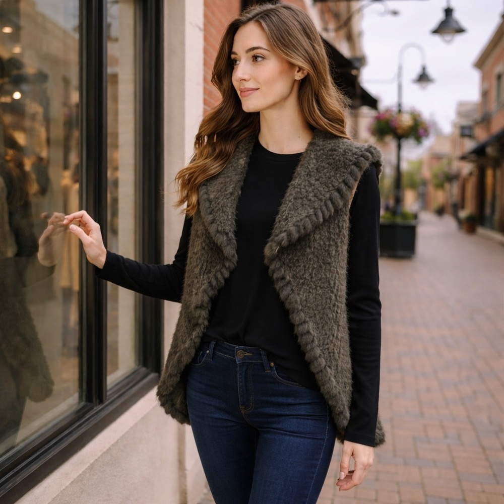 Love Token Fur Trim Drape Cardigan Vest Soft Knit Luxe Layer Size S